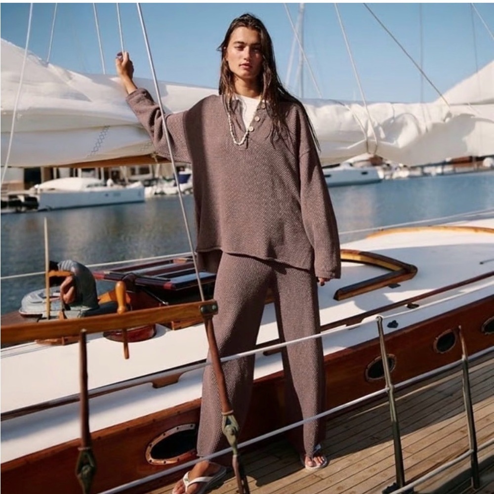 Free Peopl Hailee Sweater Set Waffle Knit  XS Cozy Henley Wide Leg Pant Beach - Picture 2 of 11